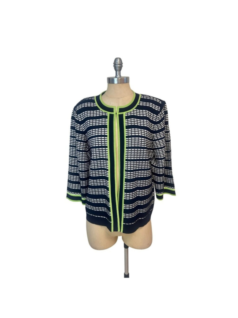 Ming Wang Womens Navy & White Acrylic Cardigan Jacket With Green Trim Large